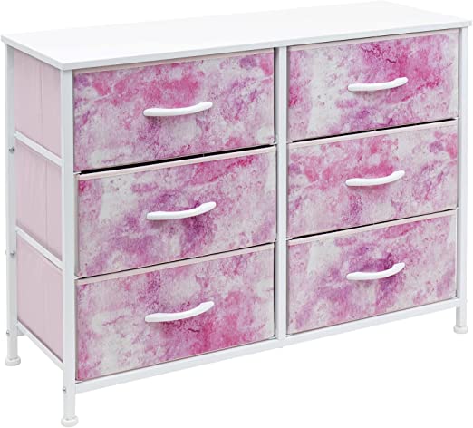 Photo 1 of 11.75 in. L x 31.5 in. W x 24.62 in. H 6-Drawer Tie dye Pink Dresser Steel Frame Wood Top Easy Pull Fabric Bins
