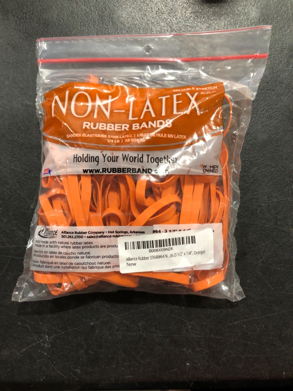 Photo 2 of Alliance Rubber 37648#64 Non-Latex Rubber Bands, 1/4 lb Poly Bag Contains Approx. 95 Bands (3 1/2" x 1/4", Orange) 3 1/2 x 1/4 inches 1/4 Pound Bag