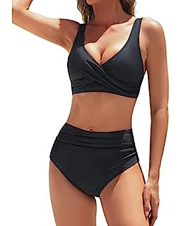 Photo 1 of Yonique Women's Two Piece High Waisted Bikini Set Tummy Control Swimsuit Full Coverage Bathing Suit Black L