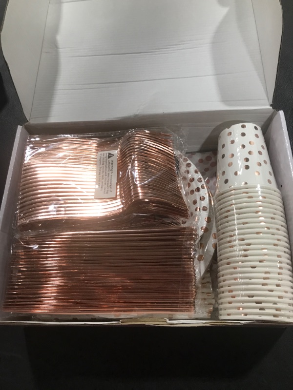 Photo 2 of 202 Piece Rose Gold Party Supplies Set Disposable Dinnerware Set Polka Dot Services 25 with Rose Gold Cutlery Includes Plastic Knives