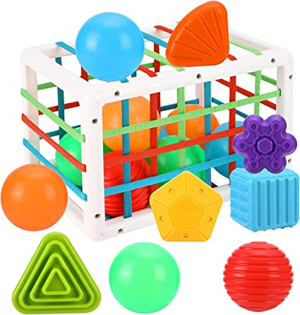 Photo 1 of Augot Baby Shape Sorting Toys, Colorful Elastic Bands Sensory Shape Sorter Bins with Balls & Blocks, Early Learning Preschool Educational Baby Sensory Toys for 18 Months and Up Boy Girl Kids(12PCS)