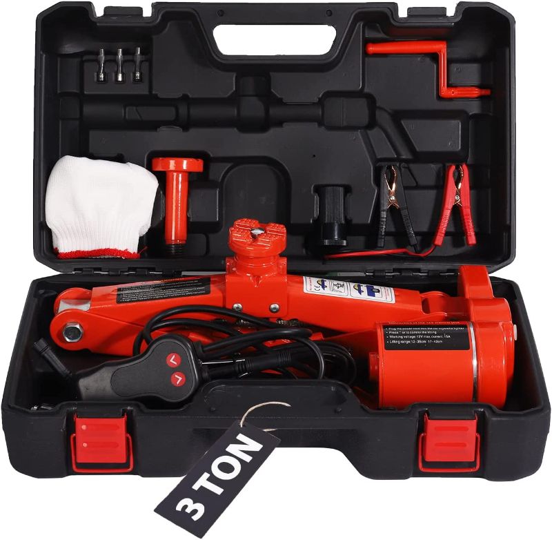 Photo 1 of  Electric Car Jack Kit 3 Ton 12 Volt Automotive Jack, Electric Scissor Jack for Car Sedan and SUV, Portable Car Jack for Tire Change and Road Emergencies, Lifting Range 5.5 to 16.54 Inch (Red)
