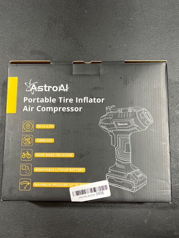 Photo 1 of AstroAI Cordless Tire Inflator Air Compressor 20V Rechargeable Battery Powered 160PSI Portable Handheld Air Pump with 12V Car Power Adapter Digital Pressure Gauge for Cars Motorcycles JY16P160-18?C2? 1-yellow