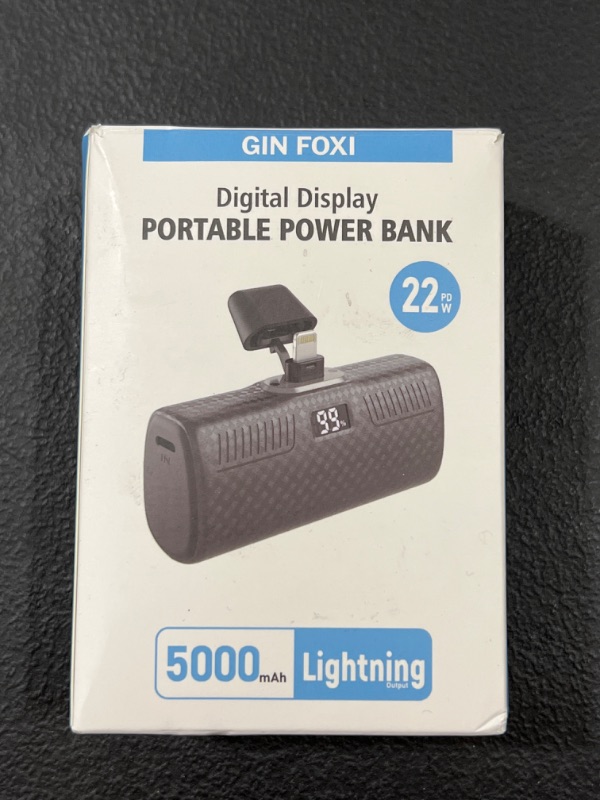 Photo 2 of GIN FOXI Portable Charger for iPhone, 22W PD Super Fast Charging Upgraded 5000mAh Small Portable Charger Power Bank Smart LCD Display Mini Portable Phone Charger Battery Pack for iPhone Airpods, Black
