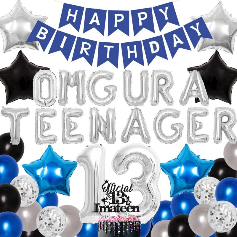 Photo 1 of 13th Birthday Party Decorations for Boys Blue 13th Birthday Party Supplies - Omg Ur a Teenager Balloon Cake Topper 13 Black
