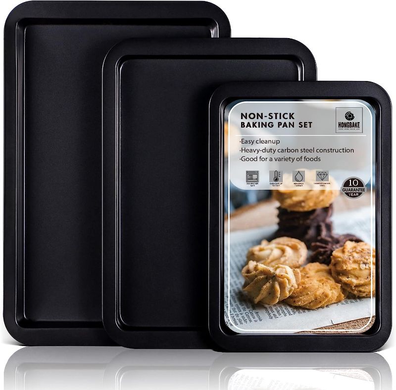 Photo 1 of HONGBAKE Baking Sheet Pan Set, Cookie Sheet for Oven, Nonstick Bakeware Sets with Wider Grips, 3 Pack Half/Jelly Roll/Quarter Baking Tray, Premium, Dishwasher Safe - Dark Grey .*
