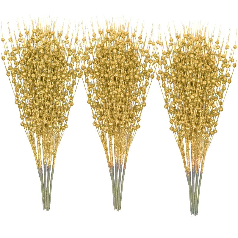 Photo 1 of 24 PCS Artificial Glitter Holly Berry Stem Ornaments Berry Picks Branches Glittery Bead Sticks for Christmas Tree Decorations Wreath Vase and Home Decor, Gold