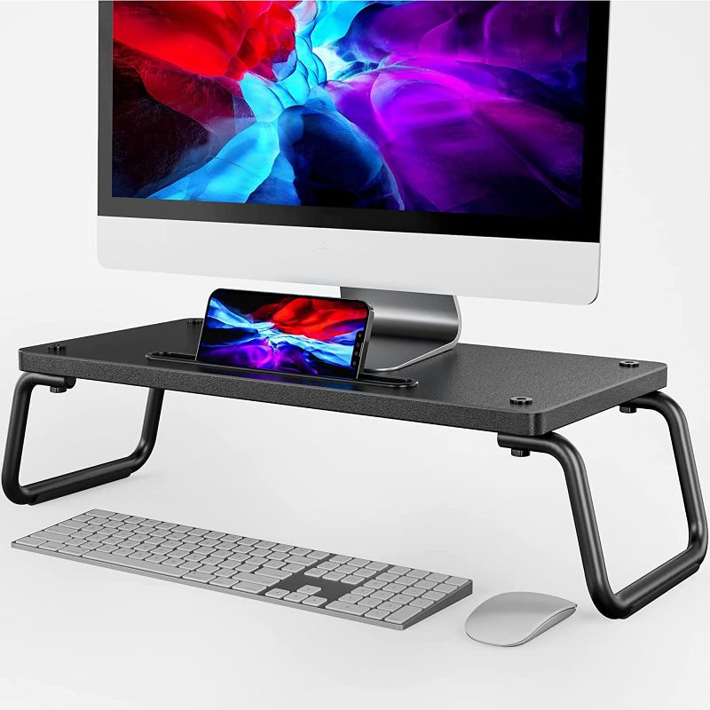 Photo 1 of LORYERGO Wood Monitor Stand, Monitor Stand for Laptop, Desktop Organizer with Storage, Monitor Stand for Laptop/Computer/Printer in Office & Home, Wood & Black
