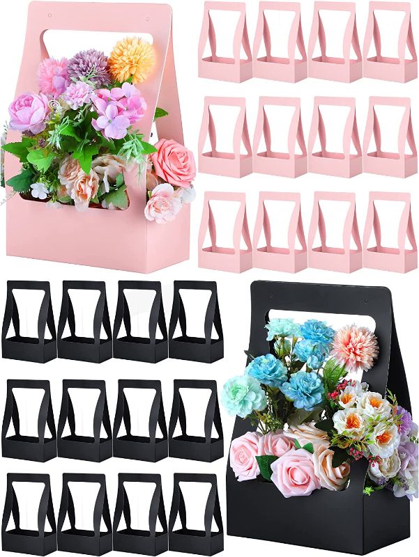 Photo 1 of Zhehao Craft Paper Gift Bags Bouquet Packaging Bag with Handle Florist Wrap Flower Box Graduation Gift Bag Flower Bag for Floral Arrangements (Pink, Black)
