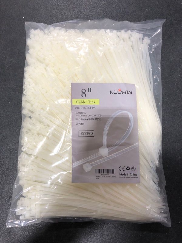 Photo 2 of 1000 Pack 8 Inch Bulk KOOWIN Nylon Plastic Cable Zip Ties Medium Wire Wraps White