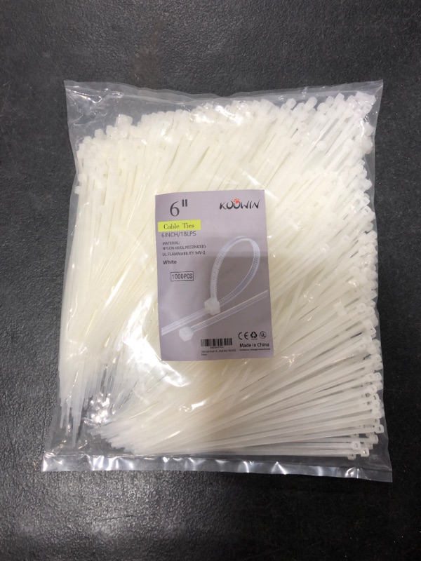 Photo 2 of 1000 Pack 6 Inch Bulk KOOWIN Nylon Plastic Cable Zip Ties Small Wire Wraps White 6 inch 