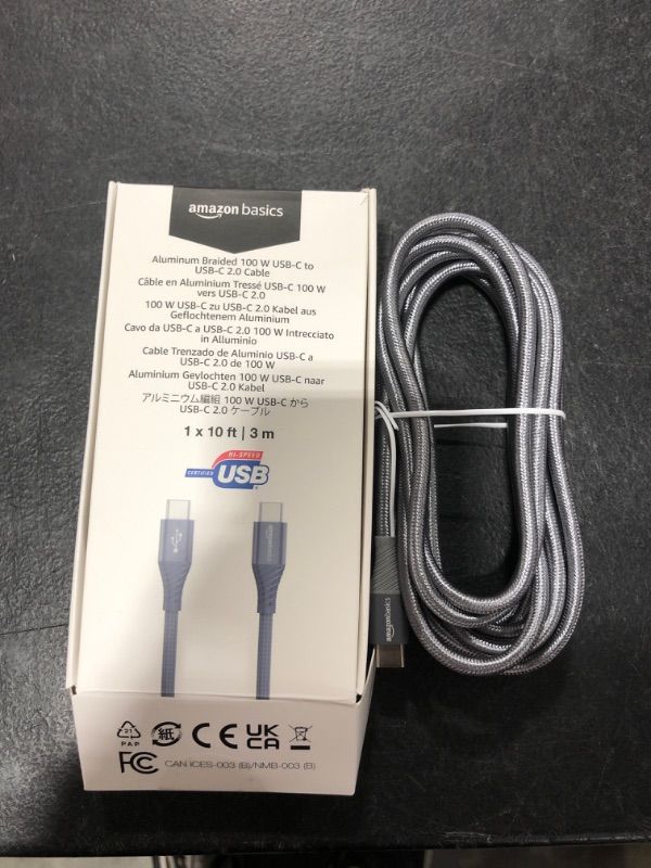 Photo 2 of Amazon Basics Aluminum Braided 100W USB-C to USB-C 2.0 Cable with Power Delivery - 10-Foot, Gray
