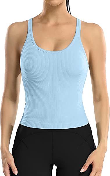 Photo 1 of ATTRACO Women Ribbed Workout Crop Tops with Built in Bra Yoga Racerback Tank Top Tight Fit- size medium
