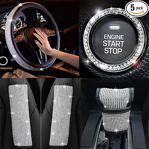 Photo 1 of 5 Pack Bling Car Accessories Set, Bling Steering Wheel Cover for Women Universal Fit 15 Inch, Bling Car Seat Belt Covers 2pcs, Bling Gear Shift Konb Cover, Bling Diamond Car Decoration
