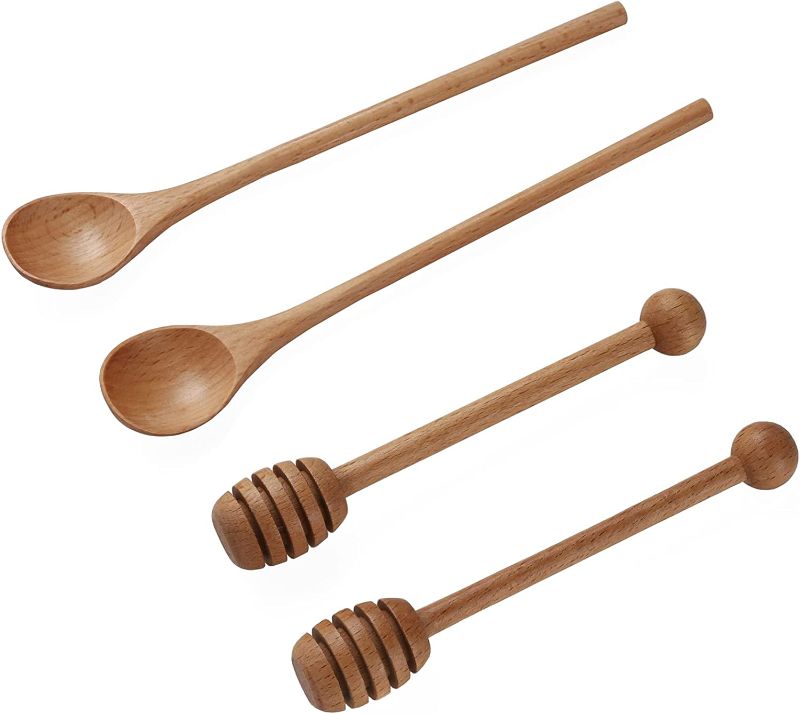Photo 1 of 2pcs 6inch Honey Dipper Stick,2pcs 7.87inch Long Handle Coffee Stirring Spoons,Beech Wooden Honey Jar Spoons Stirrer,Dessert Iced Tea Cocktail Mixing Spoons for Home Kitchen,Wedding Party Favors
