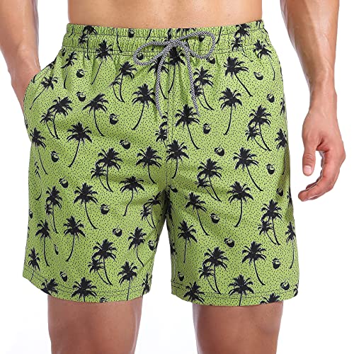 Photo 1 of Biwisy Mens Swim Trunks Quick Dry Beach Shorts Mesh Lining Swimwear Bathing Suits with Pockets Large Yellow Coconut Trees