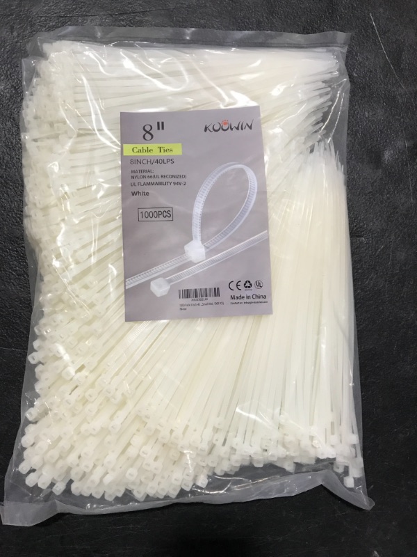 Photo 2 of 1000 Pack 8 Inch Bulk KOOWIN Nylon Plastic Cable Zip Ties Medium Wire Wraps White 