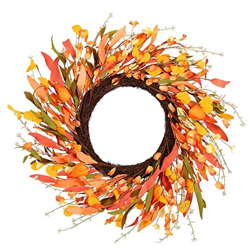 Photo 1 of 20" Artificial Fall Wreath for Front Door Orange Fall Leave Wreath Autumn Wreath with Colorful Autumn Foliage and Grain Farmhouse Fall Door Wreath