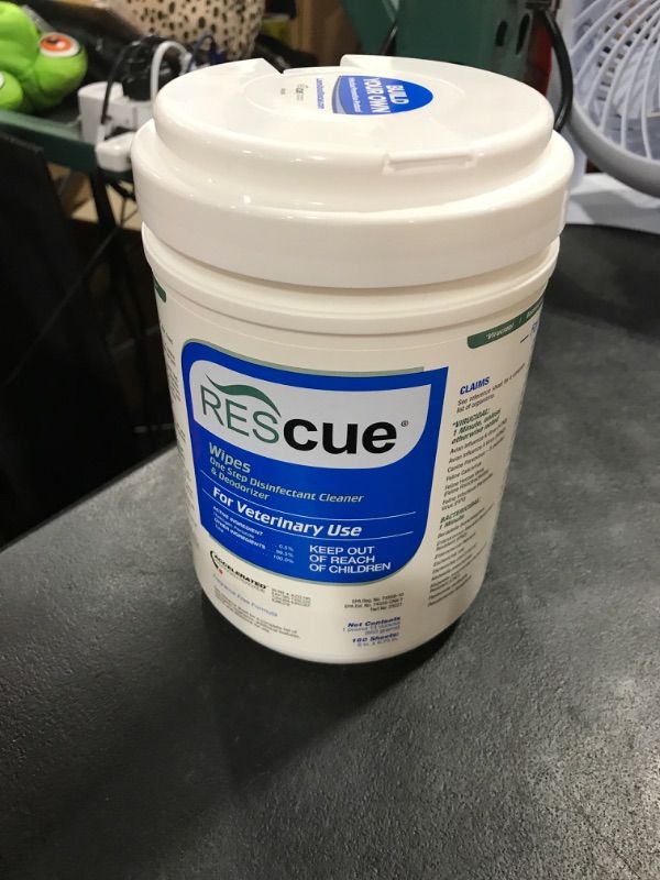 Photo 1 of REScue One-Step Disinfectant Cleaner & Deodorizer for Veterinary Use, EPA Registered Accelerated Hydrogen Peroxide, No Added Fragrance, Standard Size 6x7-Inch Sheets, 160-Wipes Canister (Pack of 1)