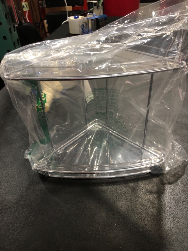 Photo 1 of mDesign Steel/Plastic Freestanding Countertop Corner Shelf Organizer with 2-Tier Storage for Bathroom, Vanity, Cabinet, Counter - Holds Makeup, Bath Gel - Prism Collection - Clear