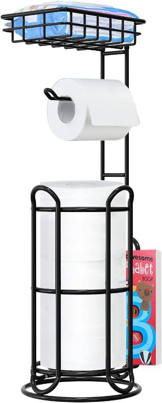 Photo 1 of [Upgrade] Toilet Paper Holder Stand with Shelf Tissue Holders for Bathroom Free Standing Bath Tissue Roll Holder Magazine Rack for Mega Rolls/Phone/Wipe-Black 