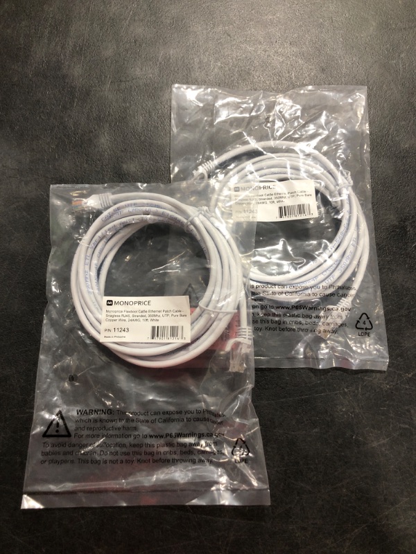 Photo 2 of Monoprice Cat5e Ethernet Patch Cable - 10 feet - White | Snagless RJ45, Stranded, 350Mhz, UTP, Pure Bare Copper Wire, 24AWG - Flexboot Series White 10ft pack of 2