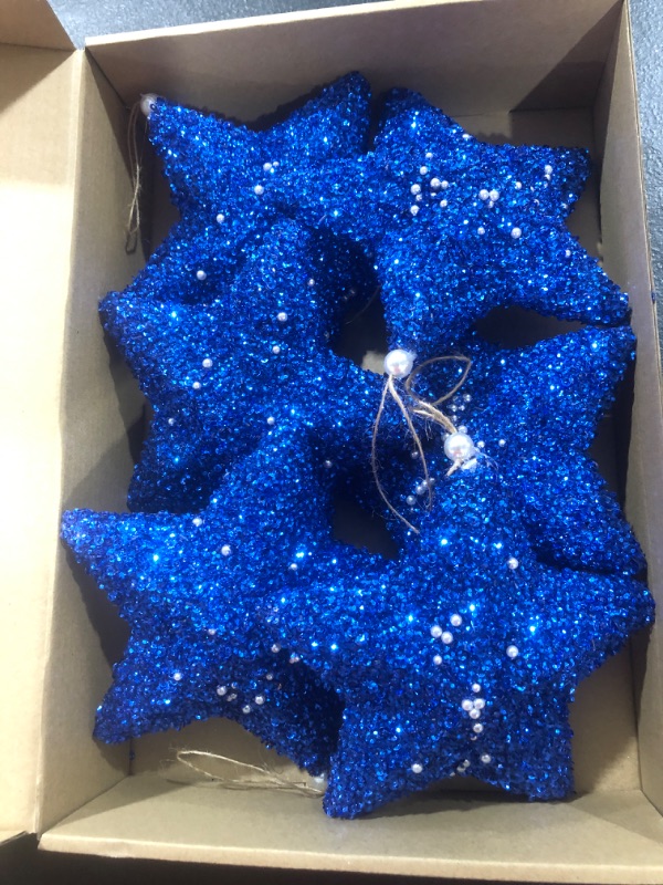 Photo 2 of 6pcs 6Inch Christmas Five-Pointed Star Ornament Glitter Star Decoration Suitable for Christmas Tree Hanging Decoration Wedding Party Festival Pentagram Ornament Gift (Blue)