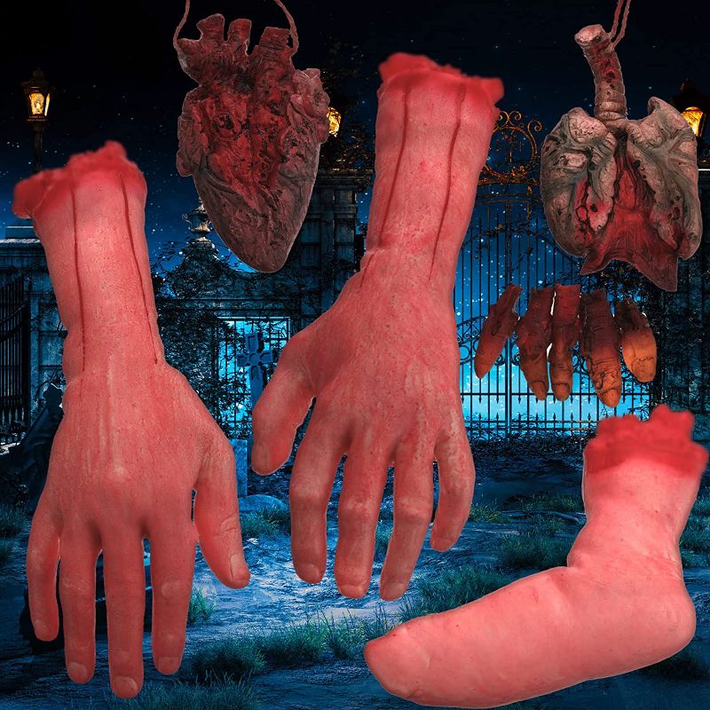 Photo 1 of Zubebe 6 Pcs Fake Human Dead Body Parts Halloween Decorations Fake Hand Halloween Props Fake Foot Finger Heart Fake Lung Haunted House Decor Supplies for Halloween Party