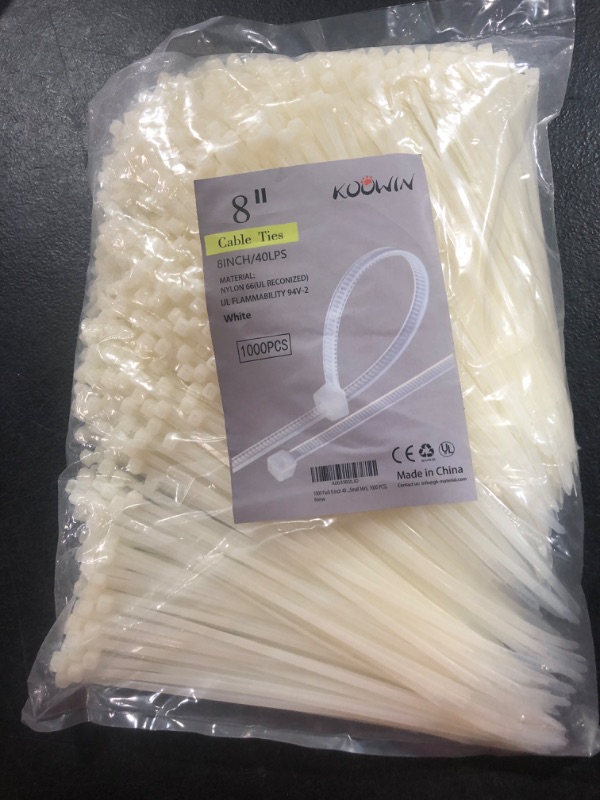 Photo 2 of 1000 Pack 8 Inch Bulk KOOWIN Nylon Plastic Cable Zip Ties Medium Wire Wraps White
