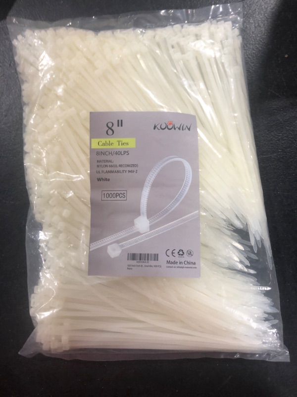 Photo 2 of 1000 Pack 8 Inch Bulk KOOWIN Nylon Plastic Cable Zip Ties Medium Wire Wraps White
