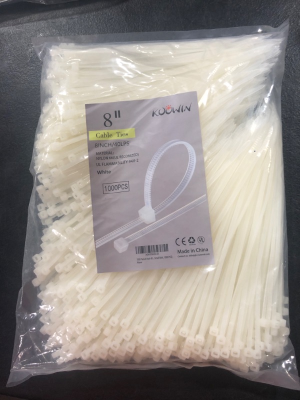 Photo 2 of 1000 Pack 8 Inch Bulk KOOWIN Nylon Plastic Cable Zip Ties Medium Wire Wraps White
