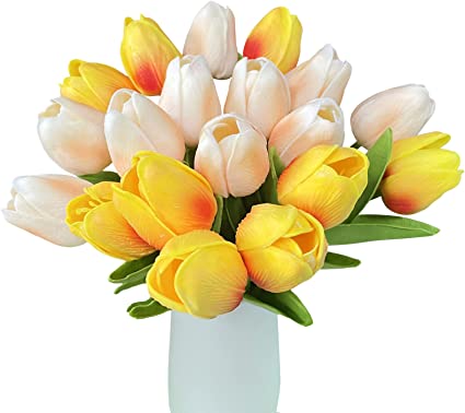 Photo 1 of 20pcs Multicolor Tulips Artificial Flowers Yellow Tulip Silk Flowers Fake Tulip Stems Floral Arrangement Table Decor for Home Office Party Wedding Bouquet 