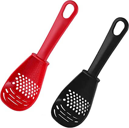 Photo 1 of 2 Pack Multifunctional Kitchen Cooking Spoon Masher Kitchen tools Skimmer Scoop Colander Strainer Grater Masher for Cooking, Mashing, Draining (Black and Red) 