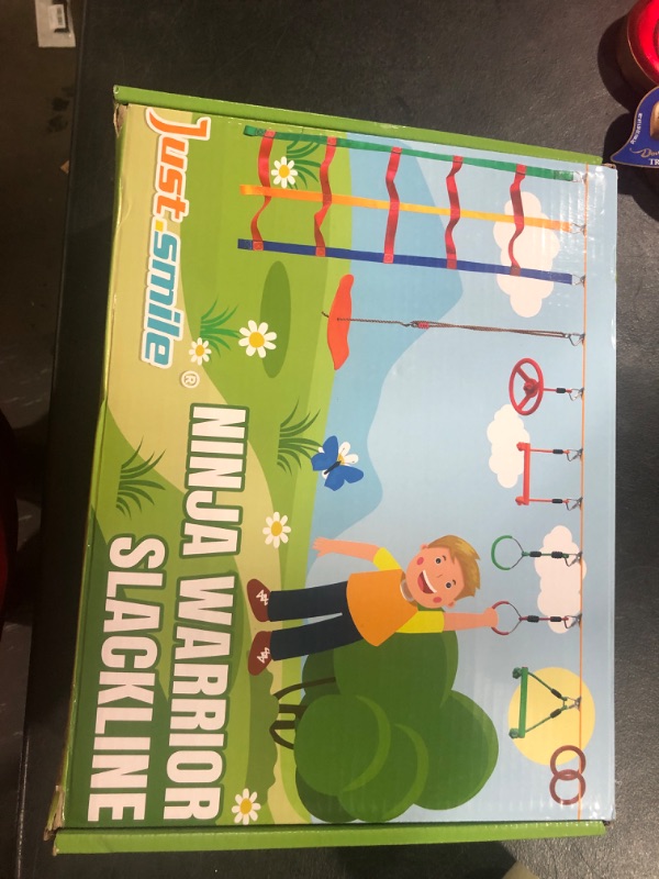 View 2 of Ninja Warrior Obstacle Course for Kids-Ninja Slackline 52ft with 9 Durable Obstacles-Climbing Net,Wheel, Warrior Gymnastics & Monkey Bars (Ninja Slackline 52ft) NOT EXACT AS STOCK 