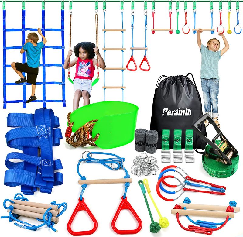 View 1 of Ninja Warrior Obstacle Course for Kids-Ninja Slackline 52ft with 9 Durable Obstacles-Climbing Net,Wheel, Warrior Gymnastics & Monkey Bars (Ninja Slackline 52ft) NOT EXACT AS STOCK 