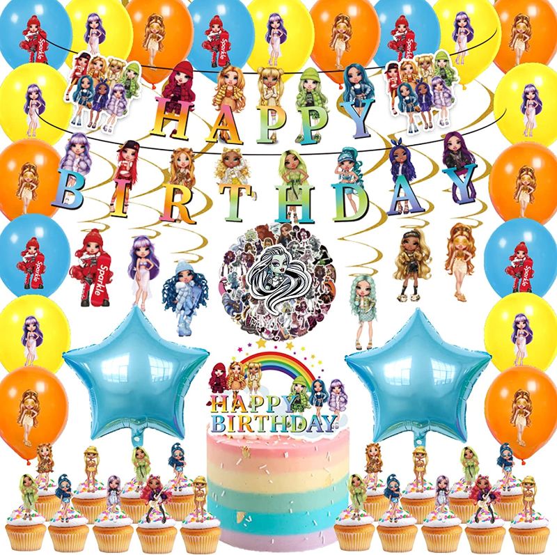 Photo 1 of 108 Pcs Rainbow High Birthday Party Supplies Party Decorations Including Happy Banners, Hanging Swirls, Cake Toppers, Cupcake Toppers, Pentagram Foil Balloons, Latex Balloons and Stickers For Girls And Boys