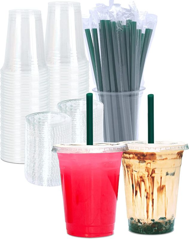 Photo 1 of [50 SETS] 16 oz Clear Plastic Cups with Lids and STRAWS, Disposable Drinking Cups for Cold Drinks, Iced Coffee, Milkshakes, Smoothies