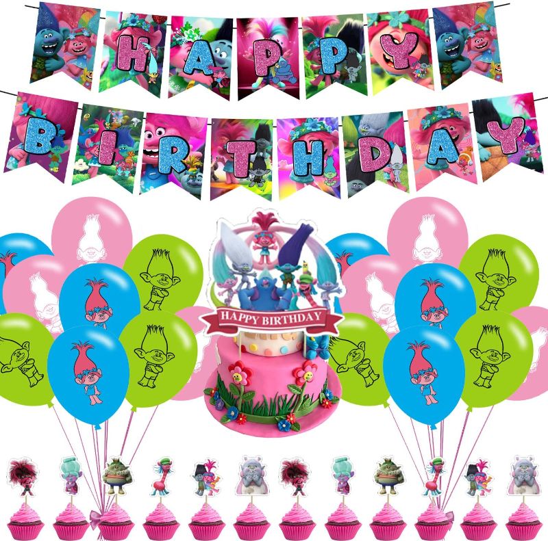 Photo 1 of 32 Trolls Birthday Party Decorations,Party Supply Set for Kids with 1 Happy Birthday Banner Garland , 13 Cupcake Toppers ,18 Balloons for Party Decorations
