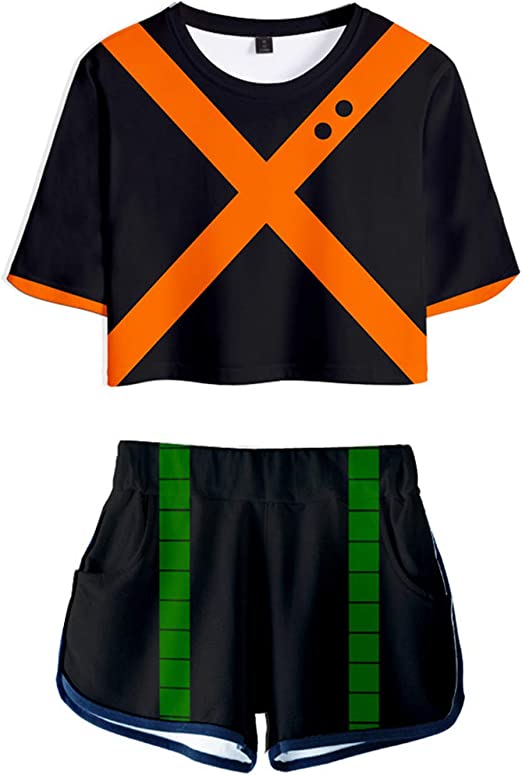 Photo 1 of 2 Piece Hero Academia Outfits for Women Boku no Hero Deku Bakugo Crop Top and Shorts Set for Girls Anime Cosplay Costume -- Large 
