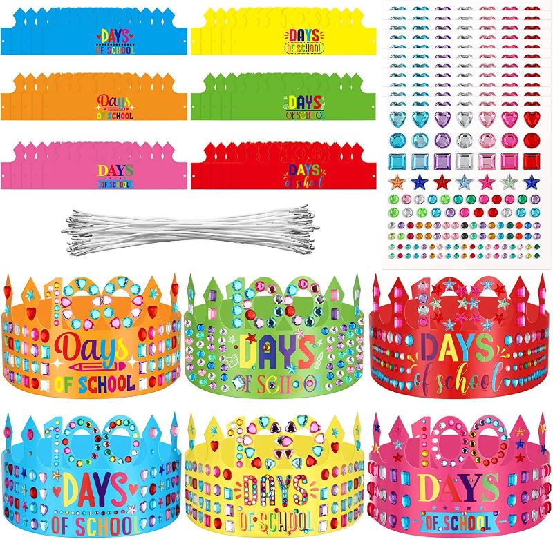 Photo 1 of 30 Pcs 100 Days Paper Crowns, 100 Day of School Rhinestones Paper Crowns for Kids 100 Days of School Decorations Party Hats for 100th Day Celebration Party Favors Supplies Classroom Decorations 