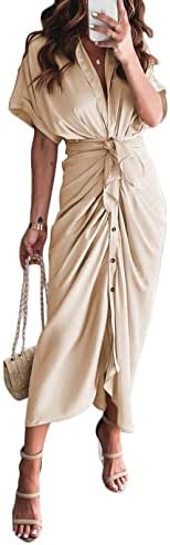 Photo 1 of Ceuplon Women's Ruched Front Shirt Dress Short Sleeve Button Down Maxi Dresses with Belt XL WHITE