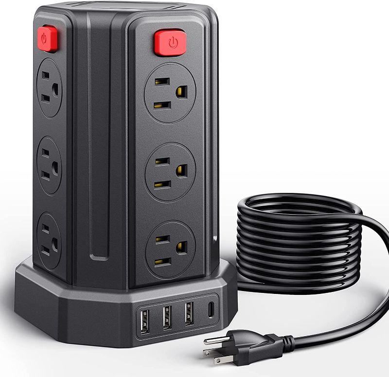 Photo 1 of Power Strip Surge Protector, 10 Ft Extension Cord with 12 AC Multiple Outlets 4 USB (1 USB C), SMALLRT Power Tower Desktop Charging Station, Home Dorm Room Office Essentials, Desk Accessories
