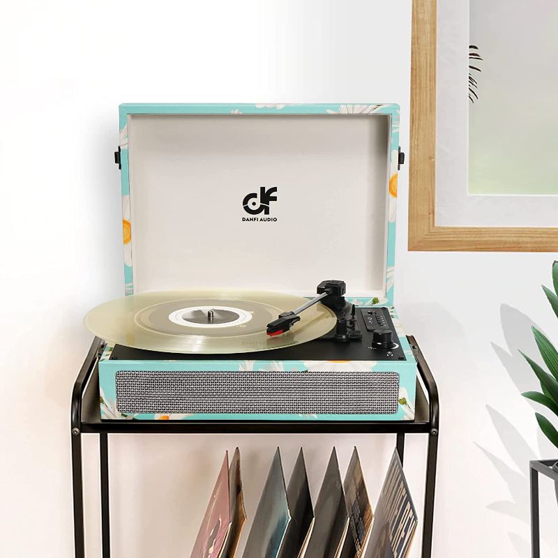 Photo 1 of Vinyl Record Player Bluetooth with Built-in Speakers, Vintage Portable Turntable 3 Speed with USB Recording Headphone/RCA/AUX Jack Floral Suitcase Record Player Blue Floral
