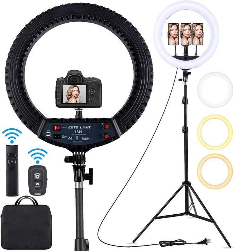 Photo 1 of 18 inch LED Ring Light with Tripod Stand Dimmable Makeup Selfie Ring Light for Studio Portrait YouTube Vlog Video Shooting with Carrying Bag and Remote Controller, CRI 90
