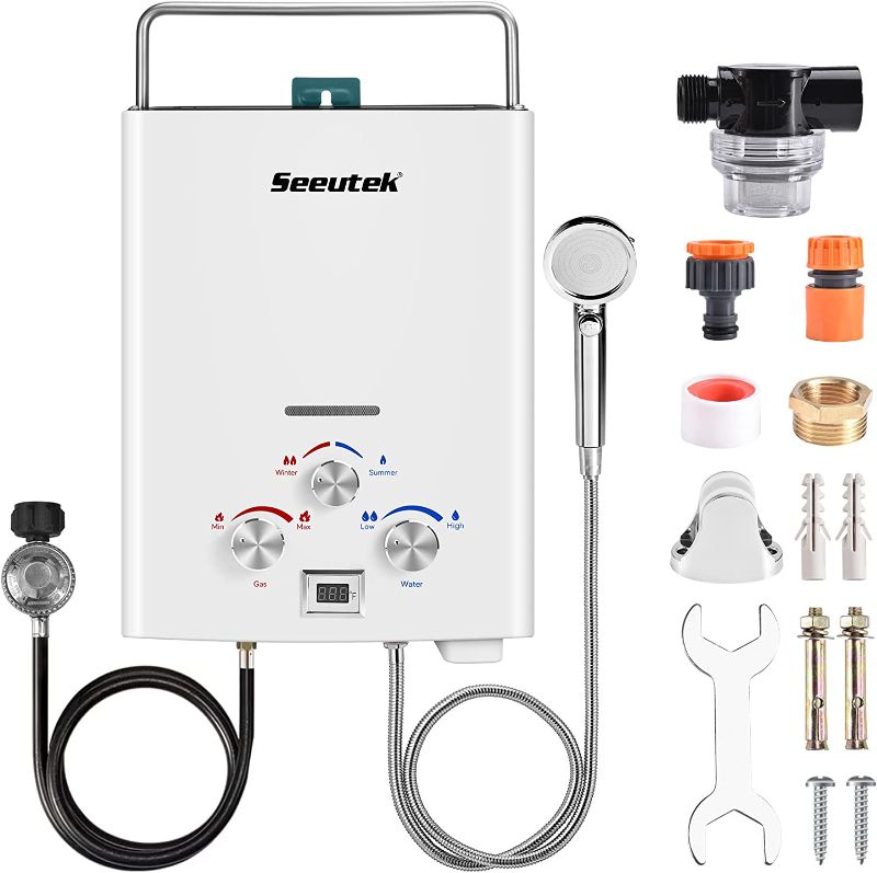Photo 1 of Seeutek Portable Water Heater 1.6GPM/6L, Outdoor Propane Gas Tankless Water Heater, On Demand Water Heater for RV Camping, Instant Hot Water for Shower Overheating Protection White
