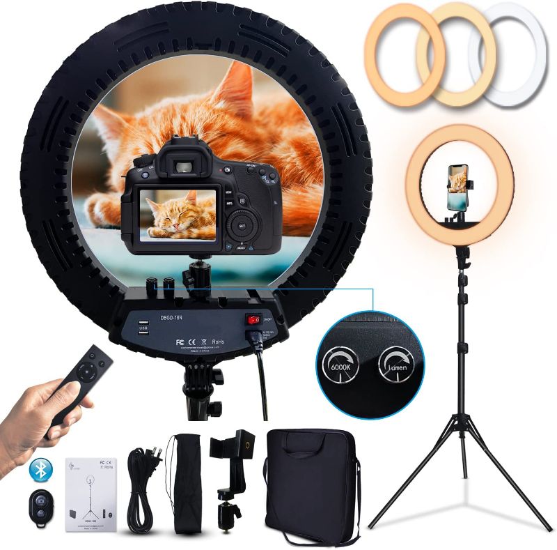 Photo 1 of 18 Inch Ring Light LED Ringlight Kit with Tripod Dimmable 3000-6000K w/Smartphone Holder for Live Streaming Shooting Camera Photography Makeup Selfie YouTube Vlog Video

