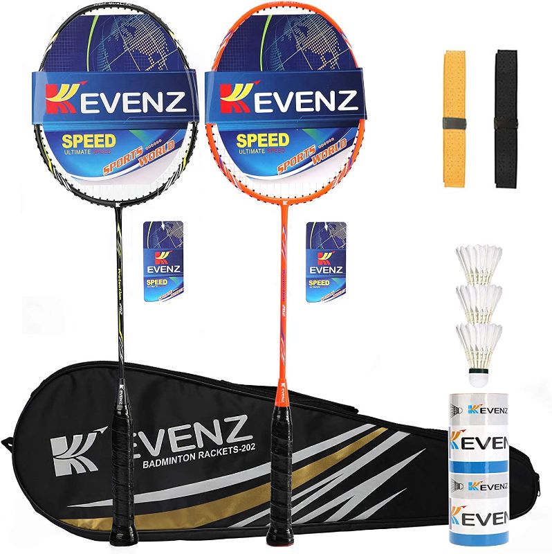 Photo 1 of KEVENZ Badminton Racket Set, 2 Carbon Fiber Badminton Racquet, 3 Goose Feather Badminton Birdie, 2 Racket Grip and 1 Carring Bag