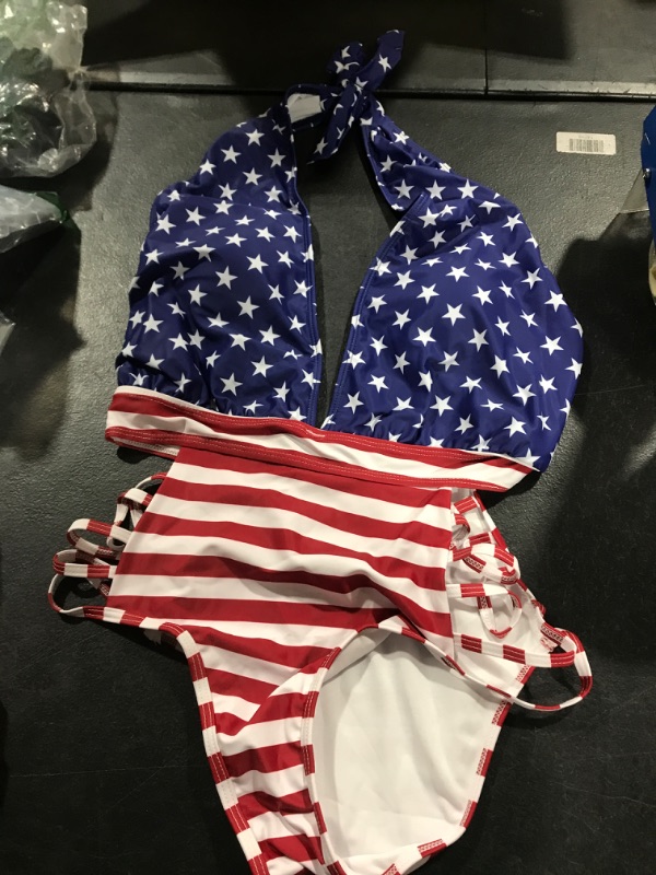 Photo 2 of Aqua Eve Women Sexy One Piece Swimsuits Halter Plunge V Neck Cutout Bathing Suits Medium American Flag M