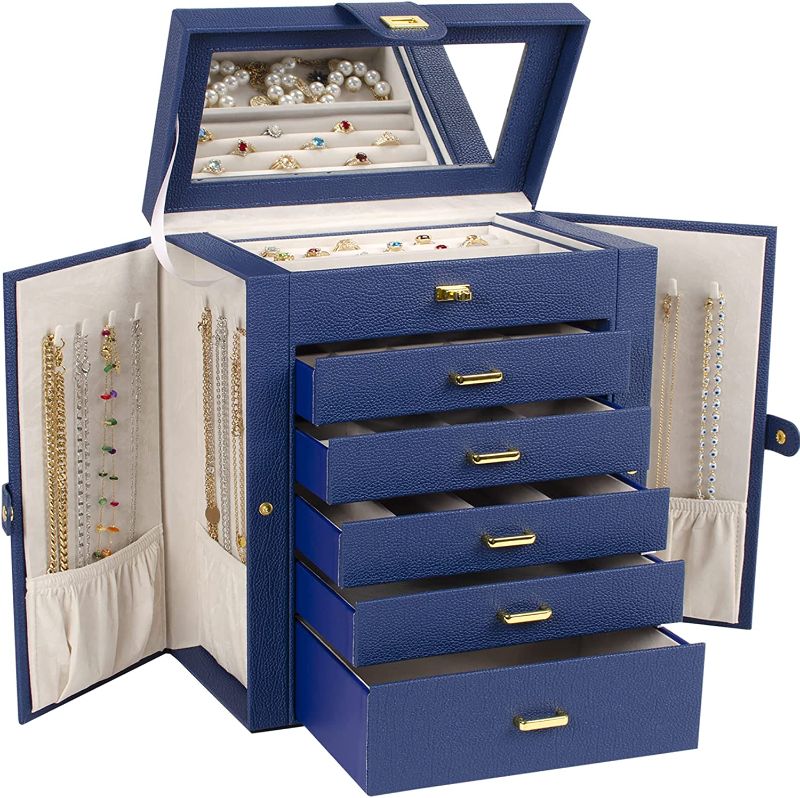 Photo 1 of AKOZLIN Large Jewelry Box Organizer Functional Lockable with Big Mirror, Leather Jewelry Storage Case for Women Girls Ring Necklace Earring Bracelet Holder Organizer Blue