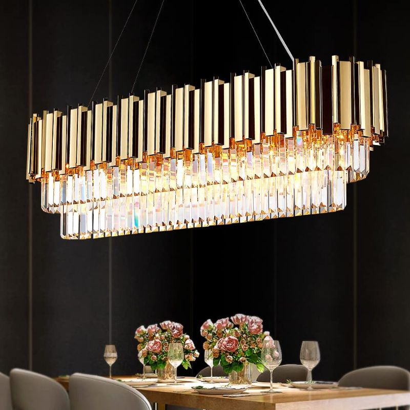 Photo 1 of TMAFON W45.7 Luxury Modern Crystal Chandelier Lights - Gold Linear Pendant Ceiling Light, Contemporary Chandeliers Lighting Fixture for Kitchen Island, Dining and Living Room, Bedroom